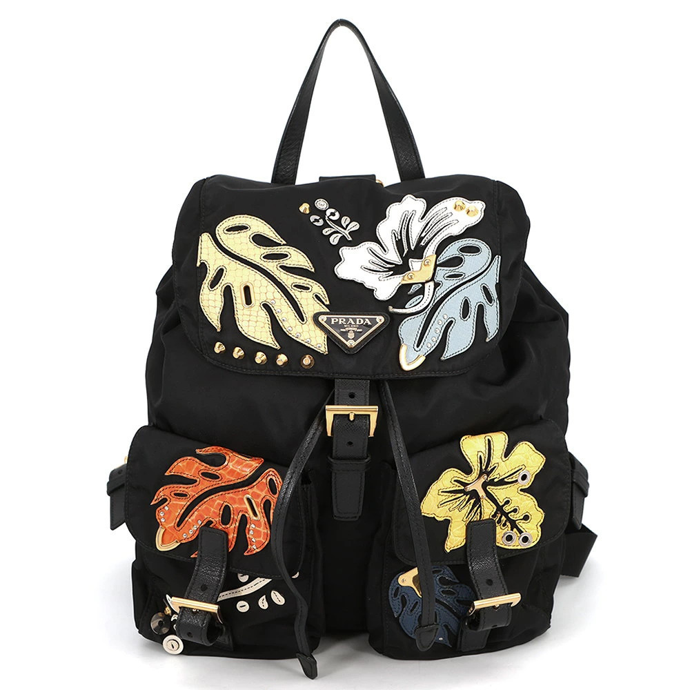 Prada Backpack Flower Triangle Bag Black